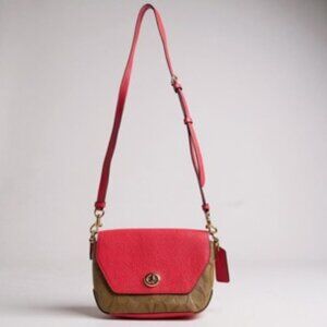 Coach Signature Canvas & Pebbled Leather Crossbody – Pink & Khaki Gold Hardware